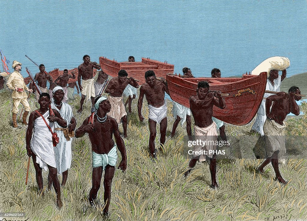 The porters of Lady Alice. Engraving. Colored.