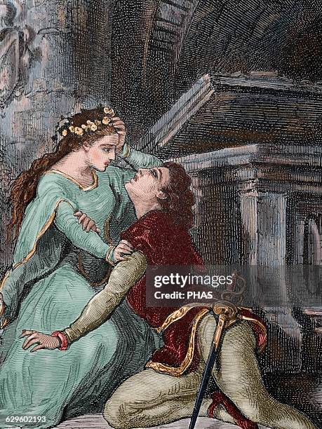 William Shakespeare . English writer. Romeo and Juliet. Death of Romeo. Engraving, 19th century. Colored.