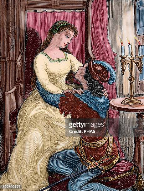 William Shakespeare . English writer. Romeo and Juliet. Engraving, 19th century. Colored.