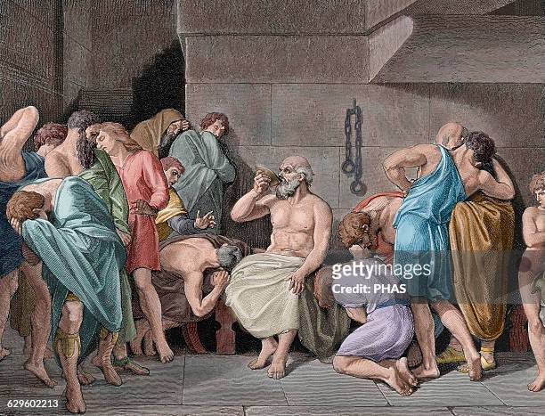 Socrates . Classical Greek philosopher. The Death of Socrates. He was sentenced to die by drinking poison hemlock. Engraving. 19th century. Colored.