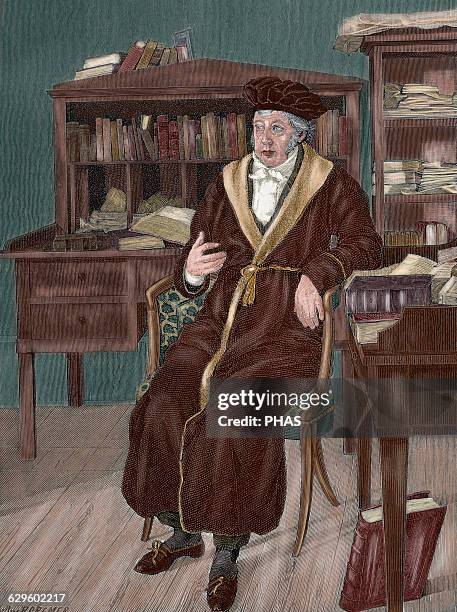 Georg Wilhelm Friedrich Hegel . German philosopher. Hegel in his study. Portrait. Engraving by R. Cremer. Colored.