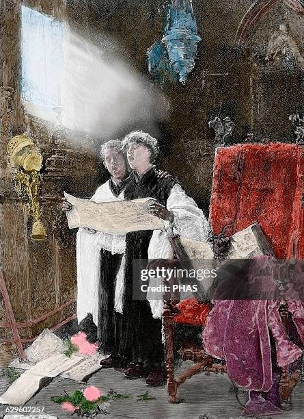 Spain. Altar server singing. Essay. Engraving by Perez. Painting by Arcadio Mas y Fondevilla. La Ilustracion Espanola y Americana. 1886. Colored.