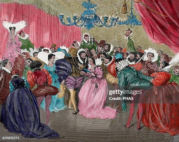 Charles Perrault . French writer. Cinderella. Engraving. Colored.