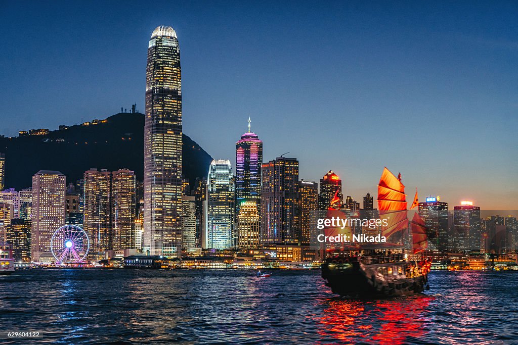 Stadtbild Hongkong und Junkboat bei Twilight