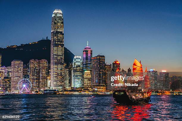 cityscape hong kong and junkboat at twilight - hong kong harbour stockfoto's en -beelden