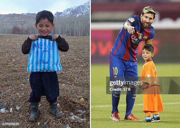 This combination of pictures created on December 14, 2016 in Paris shows then five-year-old Afghan boy and Lionel Messi fan Murtaza Ahmadi posing...