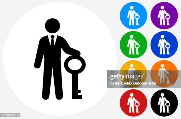 answer key icon on flat color circle buttons - man keys white background stock illustrations