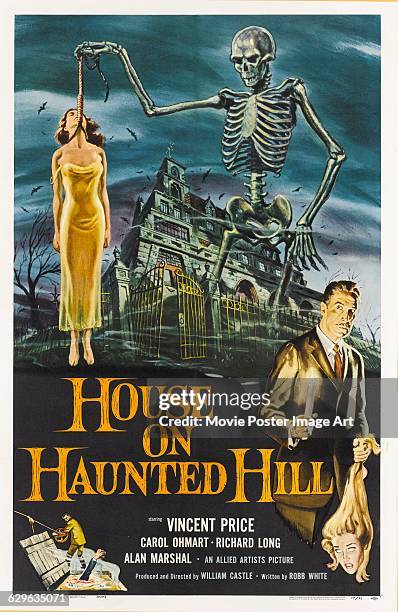 Poster for the 1959 American horror film 'House on Haunted Hill', starring Vincent Price and directed by William Castle for Allied Artists. The...