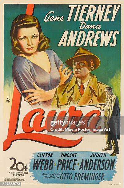Poster for Otto Preminger's 1944 film noir 'Laura' starring Gene Tierney and Dana Andrews, and distributed by 20th Century Fox.
