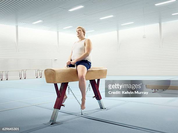 man sits on horse in gymnasium - humor stockfoto's en -beelden