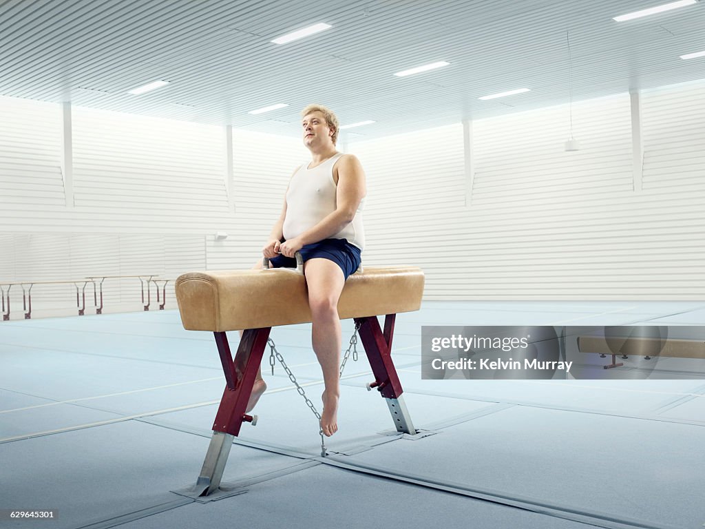 Man sits on horse in gymnasium