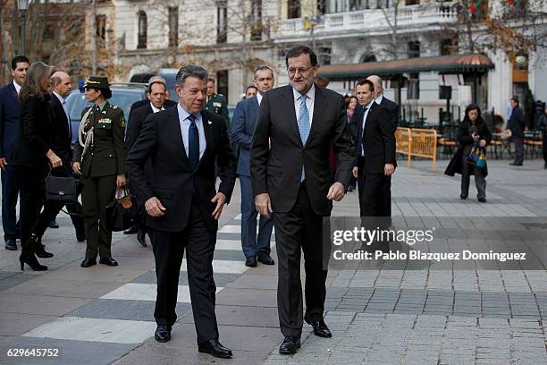 President of Colombia Juan Manuel Santos and Spanish Prime Minister Mariano Rajoy arrive at the Premio Nueva Economia Forum 2016 ceremony at the...