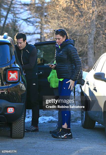 Alena Seredova with sons David Lee Buffon, Luis Thomas Buffon and Alessandro Nasi are seen on December 10, 2016 in Courmayeur, Italy.