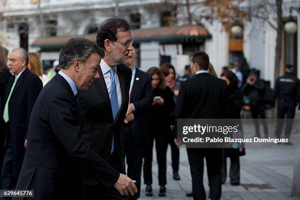 President of Colombia Juan Manuel Santos and Spanish Prime Minister Mariano Rajoy arrive at the Premio Nueva Economia Forum 2016 ceremony at the...