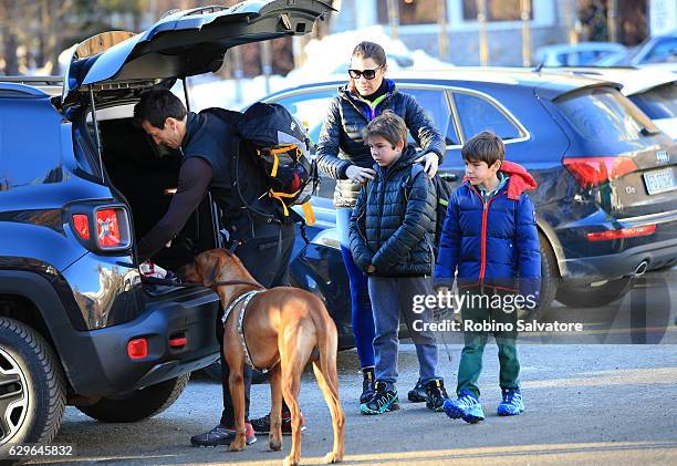 Alena Seredova with sons David Lee Buffon, Luis Thomas Buffon and Alessandro Nasi are seen on December 10, 2016 in Courmayeur, Italy.