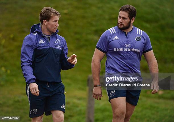 Limerick , Ireland - 14 December 2016; Munster scrum coach Jerry Flannery in conversation with Thomas du Toit during squad training at the University...