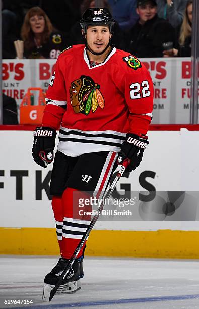 Jordin Tootoo of the Chicago Blackhawks stands on the ice in the second period against the Winnipeg Jets at the United Center on December 4, 2016 in...