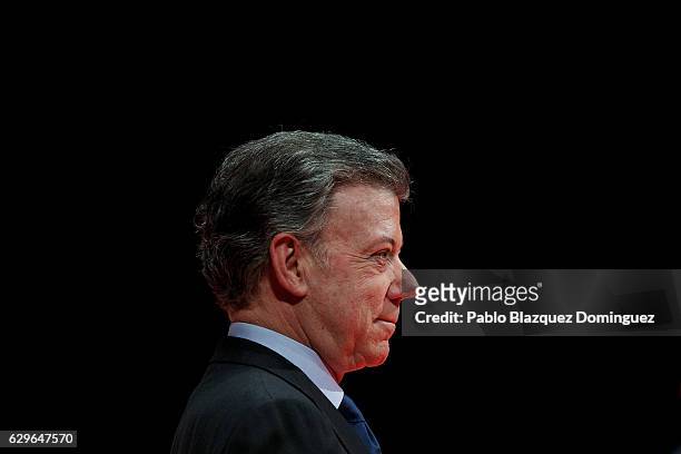President of Colombia Juan Manuel Santos looks on during the Premio Nueva Economia Forum 2016 ceremony at the Royal Theatre on December 14, 2016 in...