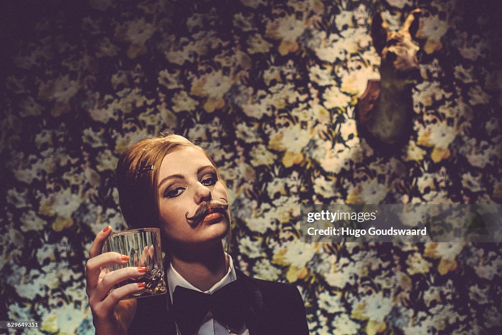 Female secretary with mustache in vintage retro se