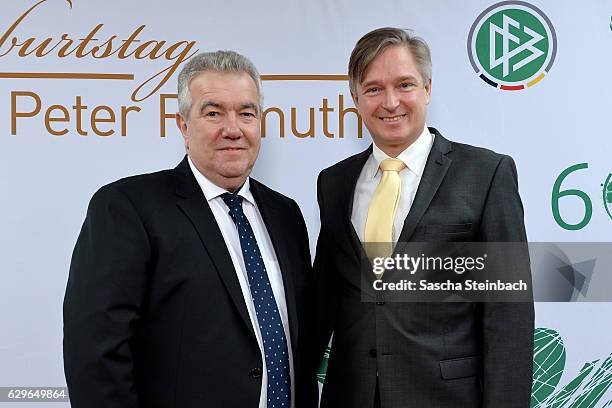 Vice president Peter Frymuth poses with guests during his 60th birthday matinee on December 14, 2016 in Duesseldorf, Germany.