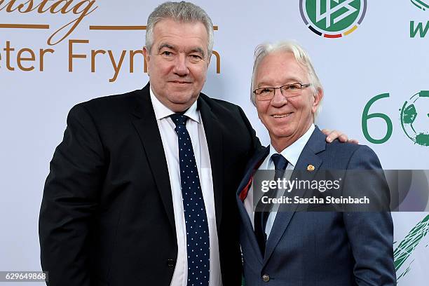 Vice president Peter Frymuth poses with guests during his 60th birthday matinee on December 14, 2016 in Duesseldorf, Germany.