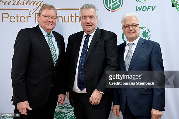 Vice president Peter Frymuth poses with guests during his 60th birthday matinee on December 14, 2016 in Duesseldorf, Germany.