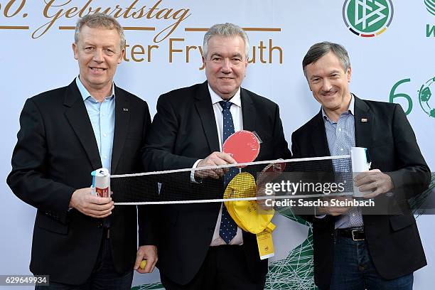 Vice president Peter Frymuth poses with guests during his 60th birthday matinee on December 14, 2016 in Duesseldorf, Germany.