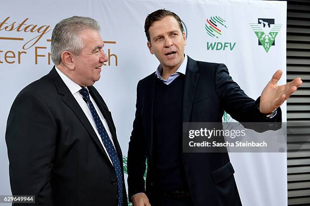 Vice president Peter Frymuth welcomes Oliver Bierhoff during his 60th birthday matinee on December 14, 2016 in Duesseldorf, Germany.