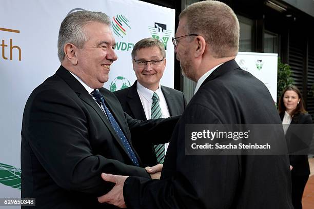 Vice president Peter Frymuth welcomes guests during his 60th birthday matinee on December 14, 2016 in Duesseldorf, Germany.