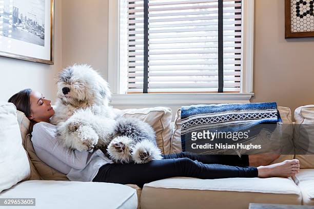 woman on couch with her pet dog - couch hund stock-fotos und bilder