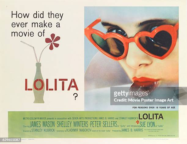Actress Sue Lyon sucking a lollipop on a poster for the MGM movie 'Lolita', 1962. The movie was directed by Stanley Kubrick and based on the book by...