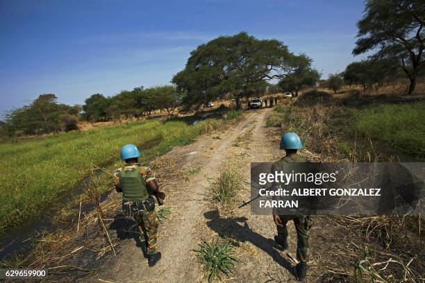 Peacekeeper troops from Ethiopia and deployed in the UN Interim Security Force for Abyei patrol outside Abyei town, in Abyei state, on December 14,...