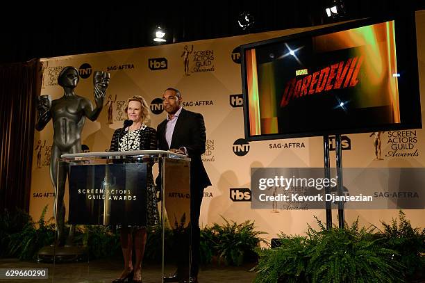 Awards Committee Chair and SAG-AFTRA Foundation President JoBeth Williams and Jason George speak at the 23rd annual SAG Awards nominations...