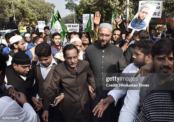 Students with people from different organisations, and Member of Parliament Asaduddin Owaisi during a protest march and dharna against Delhi Police...