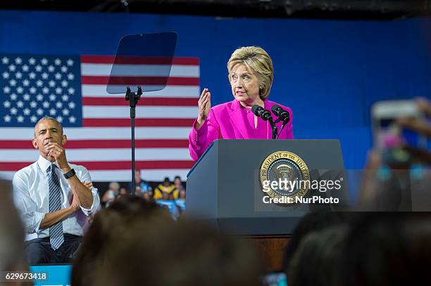 Democratic presidential candidate Hillary Clinton campaigned jointly with U.S. President Barack Obama in Charlotte Convention Center on July 5, 2016