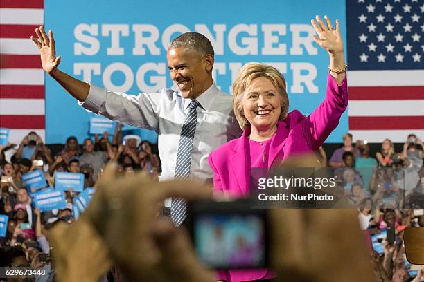 Democratic presidential candidate Hillary Clinton campaigned jointly with U.S. President Barack Obama in Charlotte Convention Center on July 5, 2016