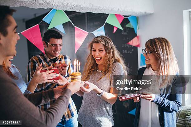 surprise for birthday on work place - birthday stock pictures, royalty-free photos & images