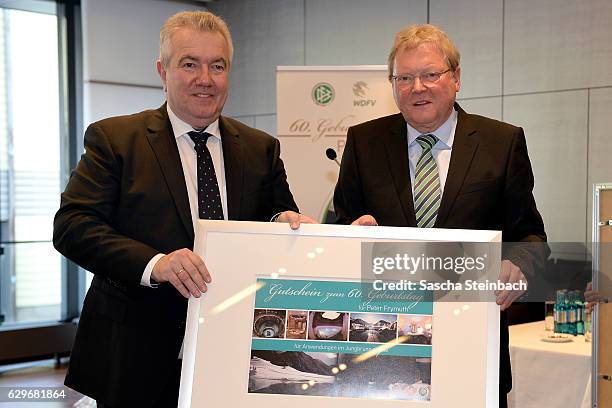 Vice president Peter Frymuth and Hermann Korfmacher pose during Peter Frymuth's 60th birthday matinee on December 14, 2016 in Duesseldorf, Germany.