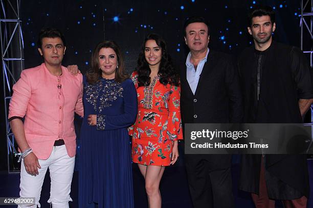 Bollywood singer Sonu Nigam, director Farah Khan, actor Shraddha Kapoor, singer Anu Malik and actor Aditya Roy Kapur on the set of Indian Idol Season...