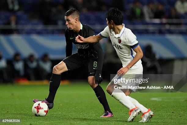 Matheus Uribe of Atletico Nacional in action during the FIFA Club World Cup Semi Final match between Atletico Nacional and Kashima Antlers at Suita...