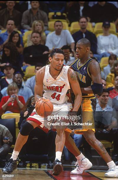 Brian Grant of the Miami Heat guards the ball from Al Harrington of the Indiana Pacers during the game at the American Airlines Arena in Miami,...