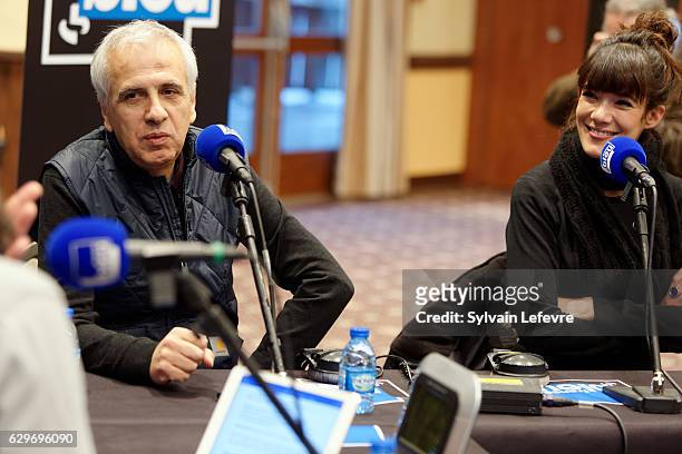 Music film composer Bruno Coulais and actress Melanie Doutey attend a radio broadcast recording during "Les Arcs European Film Festival" on December...