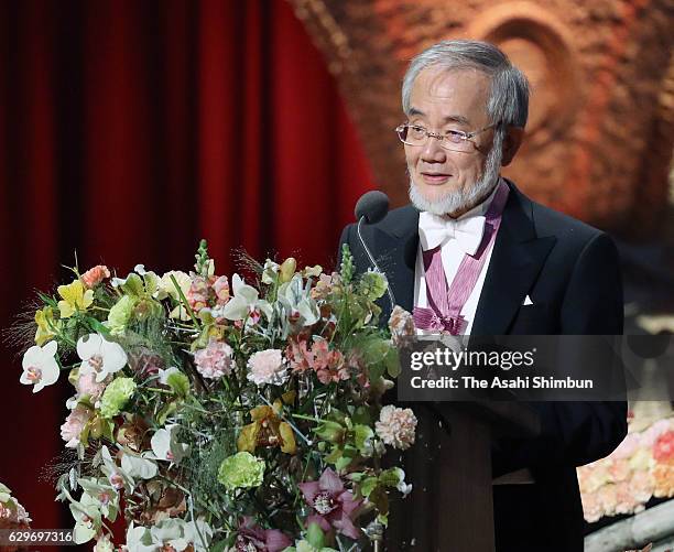 Nobel Prize in Physiology or Medicine laureate Yoshinori Ohsumi addresses during the Nobel Prize Banquet at City Hall on December 10, 2016 in...