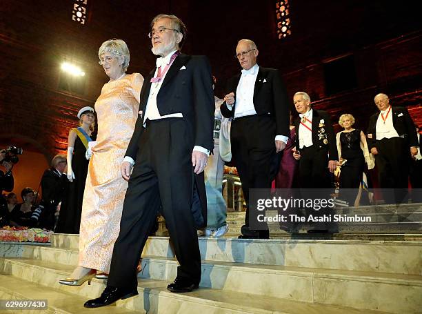 Nobel Prize in Physiology or Medicine laureate Yoshinori Ohsumi enters to attend the Nobel Prize Banquet at City Hall on December 10, 2016 in...