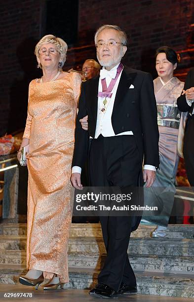 Nobel Prize in Physiology or Medicine laureate Yoshinori Ohsumi enters to attend the Nobel Prize Banquet at City Hall on December 10, 2016 in...