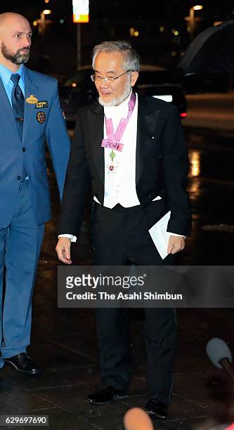 Nobel Prize in Physiology or Medicine Yoshinori Ohsumi is seen on arrival at his hotel after the Nobel Prize Banquet on December 10, 2016 in...