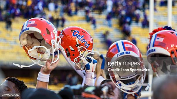 Florida Gators at LSU Tigers; Florida Gators players and fans celebrate after a game winning goal line stand during a game in Tiger Stadium in Baton...