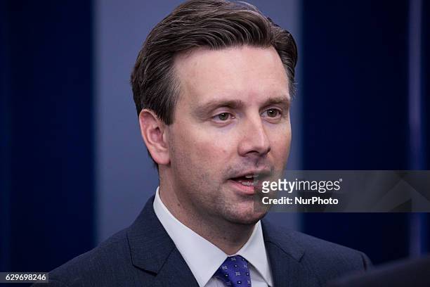 Press Secretary Josh Earnest speaks to reporters in the James S. Brady Press Briefing Room of the White House in Washington, DC. On December 13,...