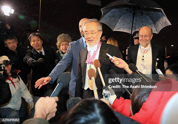 Nobel Prize in Physiology or Medicine laureate Yoshinori Ohsumi is seen on arrival at his hotel after the Nobel Prize Banquet on December 10, 2016 in...