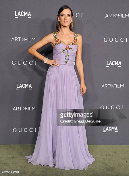 Model Alessandra Ambrosio, wearing Gucci, arrives at the 2016 LACMA Art + Film Gala Honoring Robert Irwin And Kathryn Bigelow Presented By Gucci at...